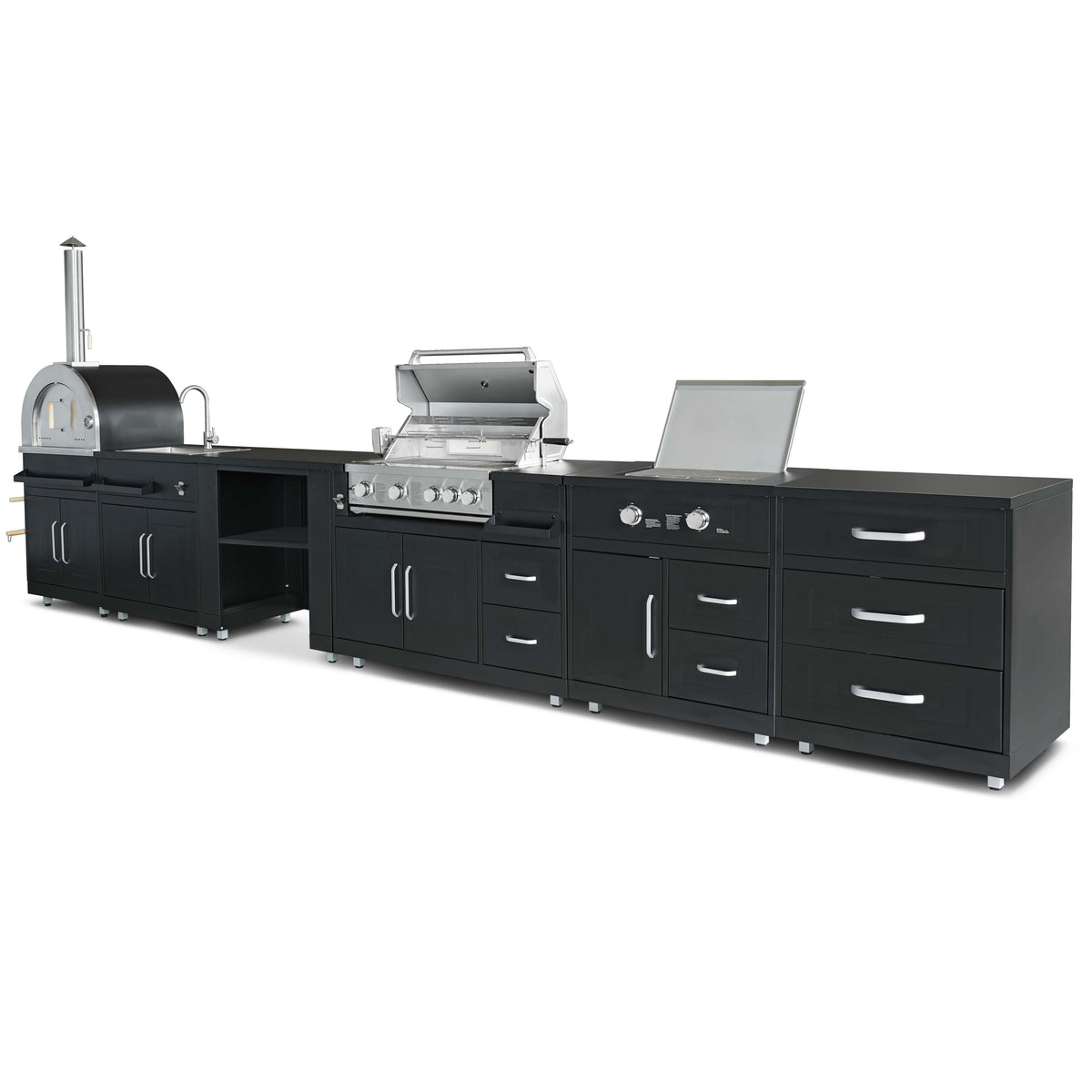 Cuisine extérieure Évier, four à pizza, plaque gaz et barbecue – 6 modules en noir