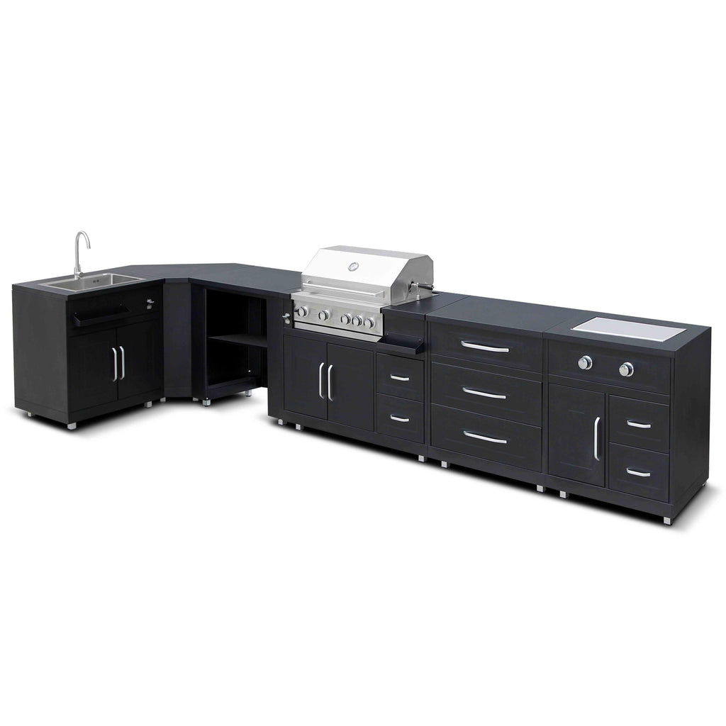 Cuisine extérieure Évier, plaque gaz et barbecue en angle – 6 modules en noir