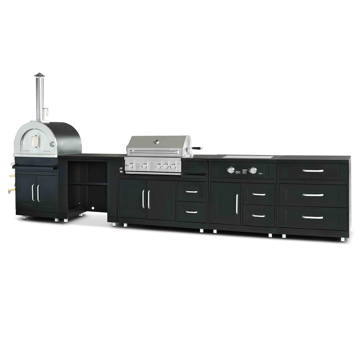 Cuisine extérieure Four à pizza, plaque gaz et barbecue – 5 modules en noir