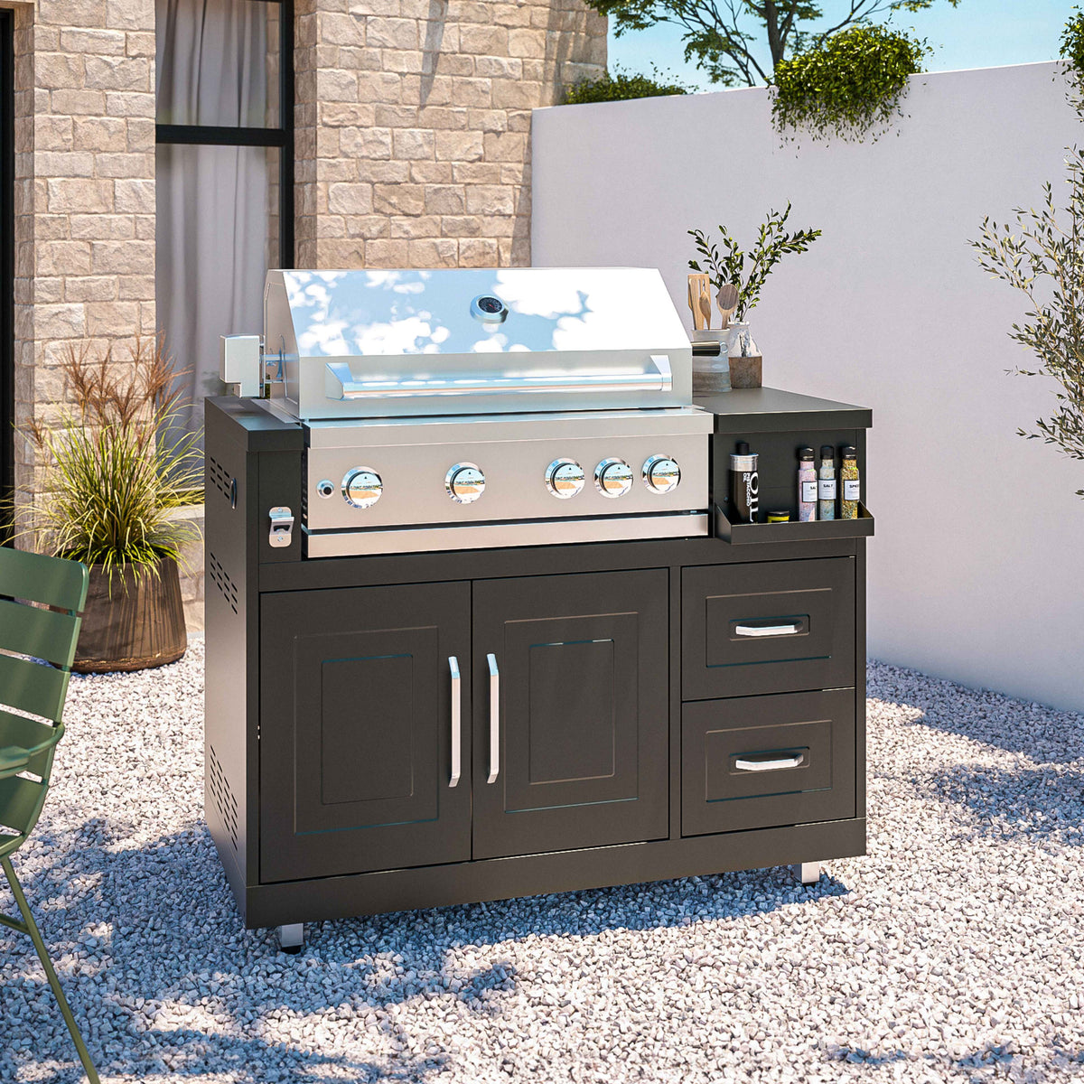 Cuisine extérieure Évier, four à pizza, plaque gaz et barbecue en angle – 6 modules en noir