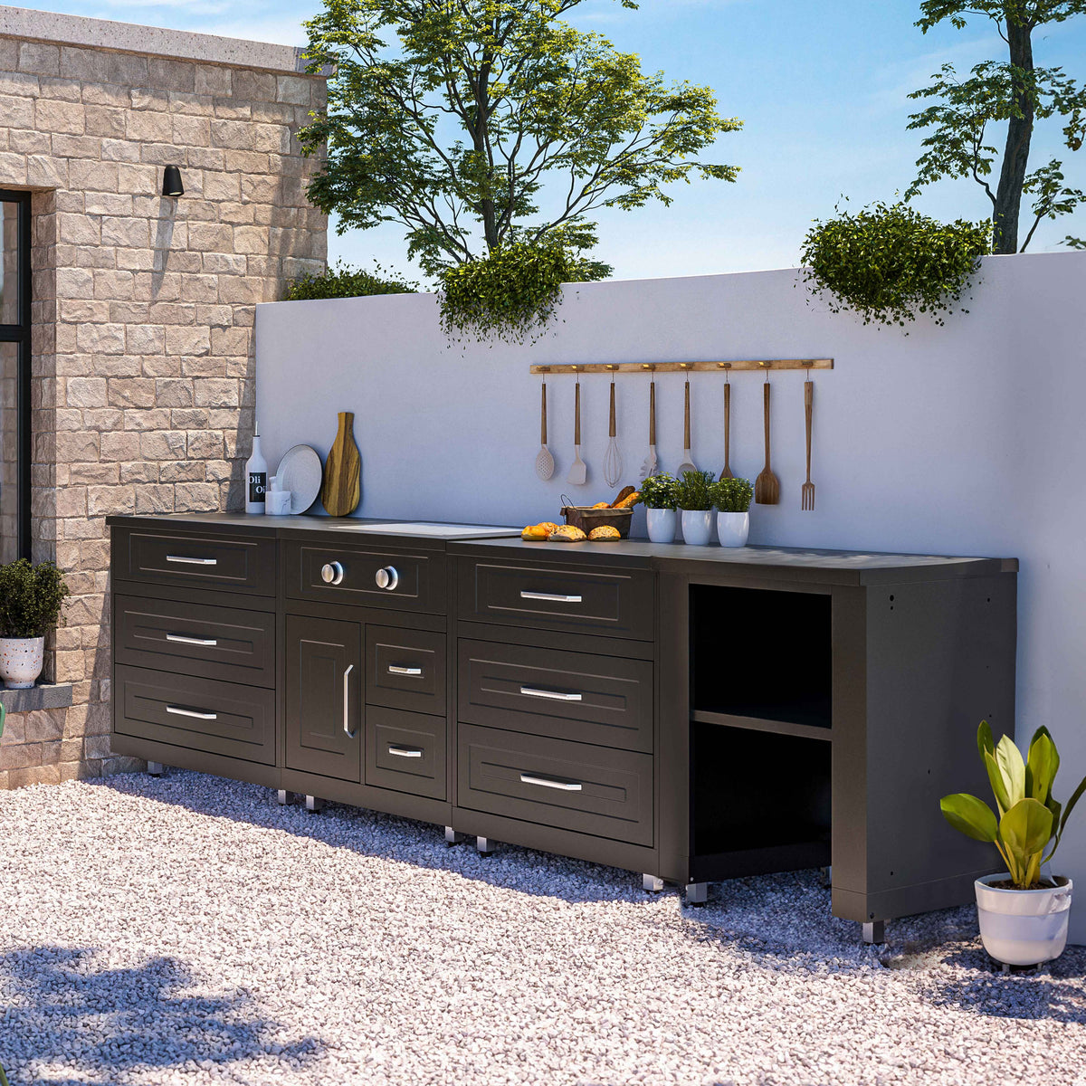 Cuisine extérieure Plaque gaz et rangements – 4 modules – finition noire