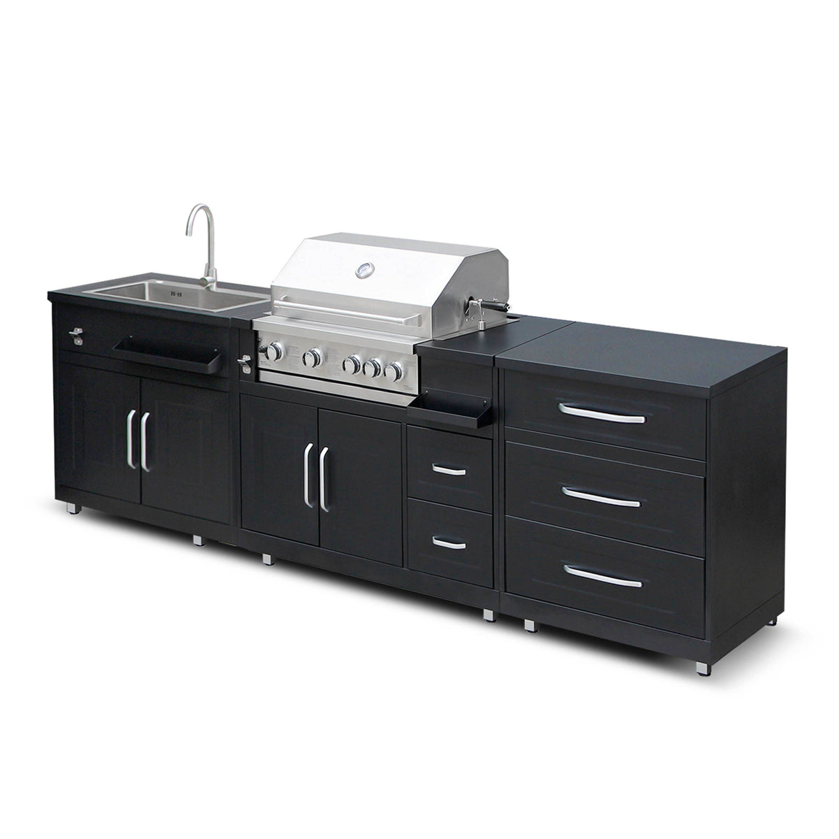Cuisine extérieure Évier et barbecue – 3 modules – finition noire