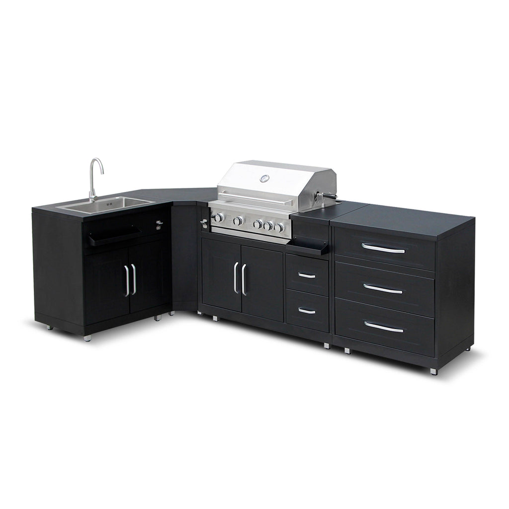 Cuisine extérieure Évier et barbecue en angle – 4 modules en noir