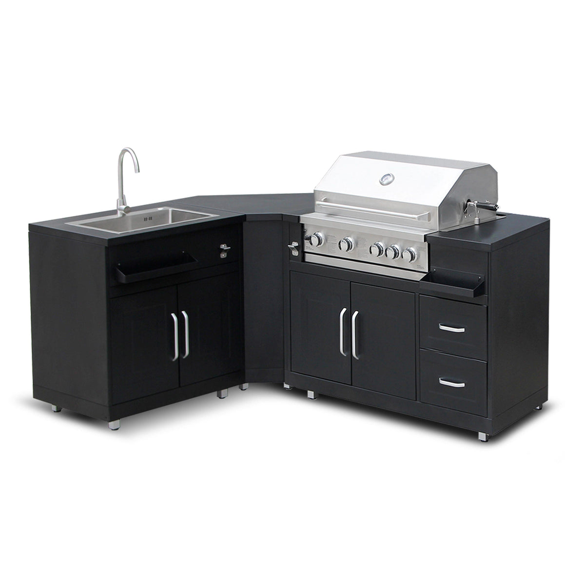Cuisine extérieure Évier et barbecue en angle – 3 modules en noir