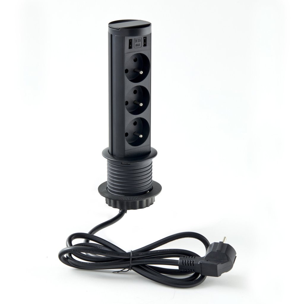 Bloc prises MINIBRICK rétractable — 3 prises + 2 USB noir mat — photographie produit MSAFRANCE réf. A9413