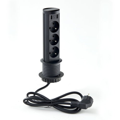 Bloc prises MINIBRICK rétractable — 3 prises + 2 USB noir mat — photographie produit MSAFRANCE réf. A9413