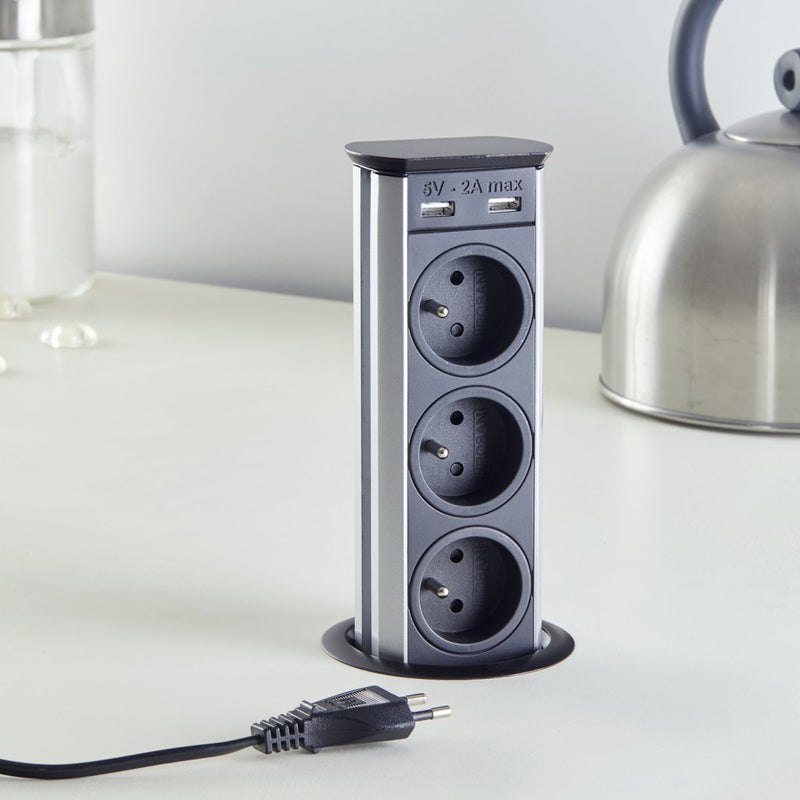 Bloc prises BRICK rétractable — 3 prises + 2 USB, 3 coloris
