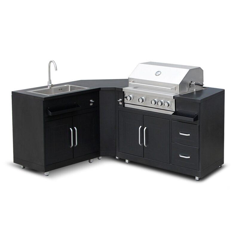 Cuisine extérieure MEMPHIS 3 modules angle évier et barbecue — vue 1